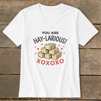 White t-shirt with "You are Hay-larious!" text and stacked hay bales with xoxoxo.