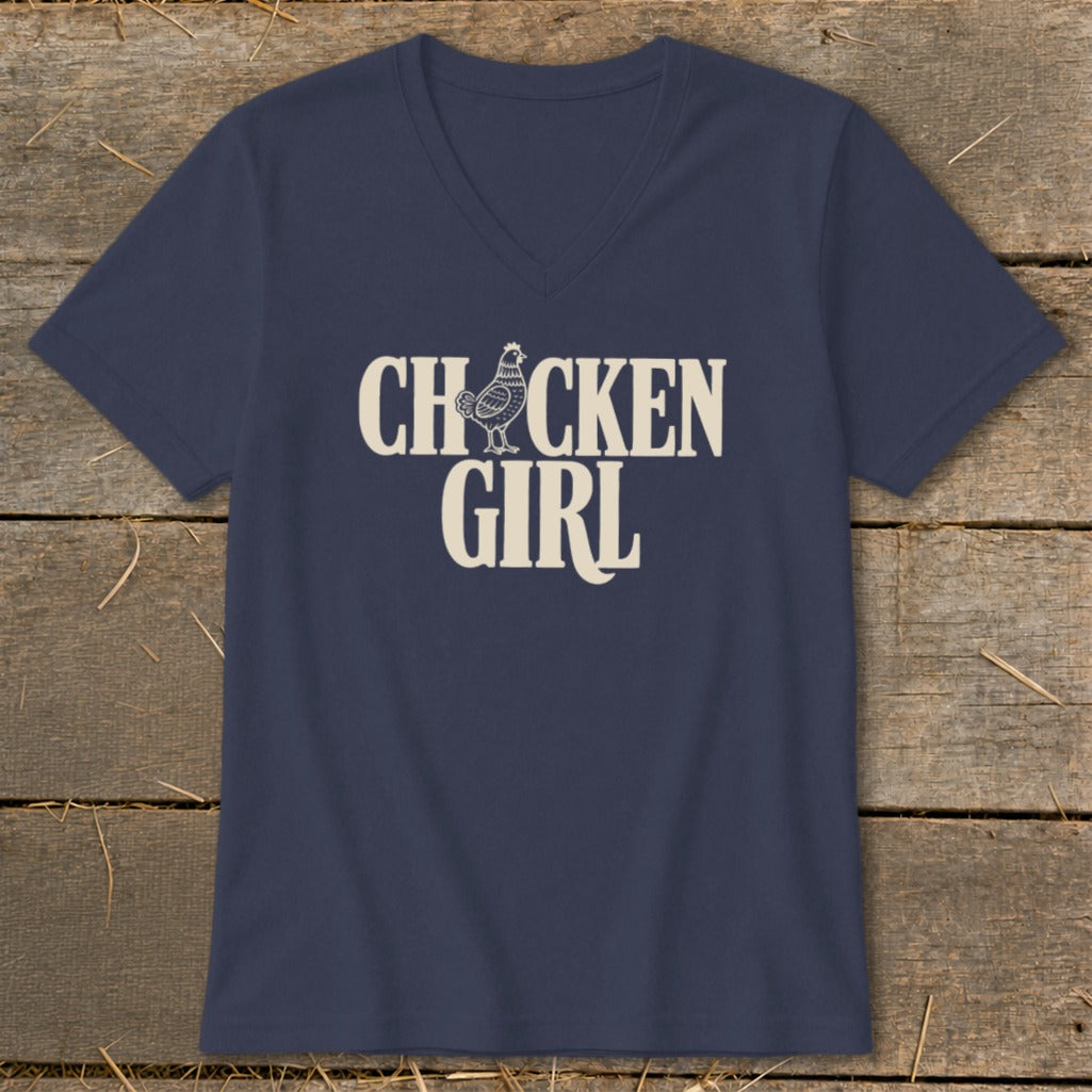 Navy v-neck t-shirt with "CHICKEN GIRL" text and a chicken graphic.