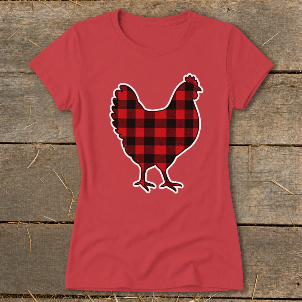 Red t-shirt with a black and red buffalo plaid chicken graphic.