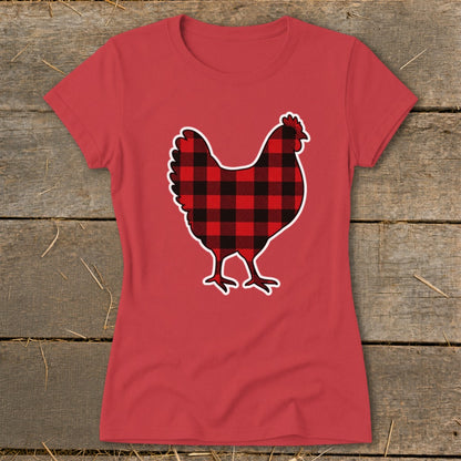 Red t-shirt with a black and red buffalo plaid chicken graphic.
