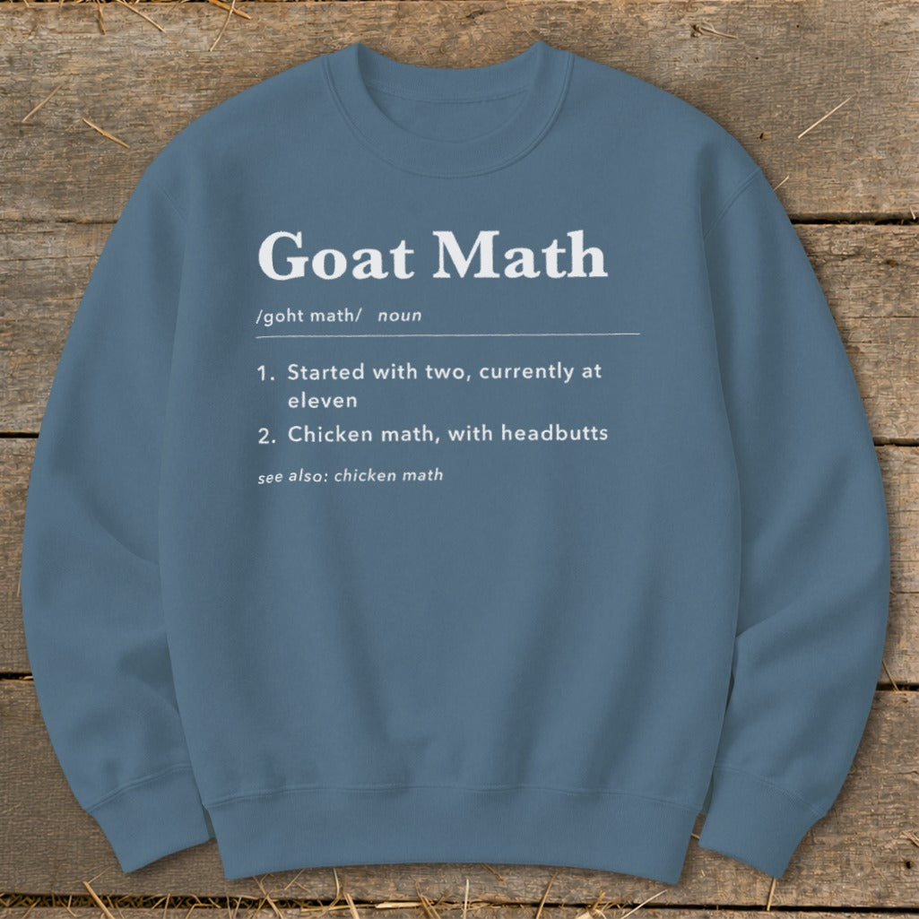 Blue sweatshirt with "Goat Math" definition: Started with two, currently at eleven.