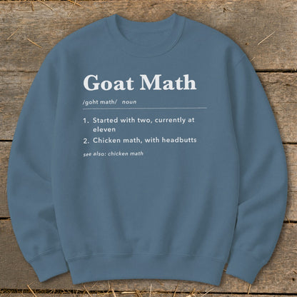 Blue sweatshirt with "Goat Math" definition: Started with two, currently at eleven.