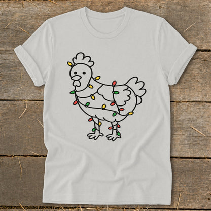 Light grey t-shirt with a black line drawing of a chicken wrapped in colorful Christmas lights.