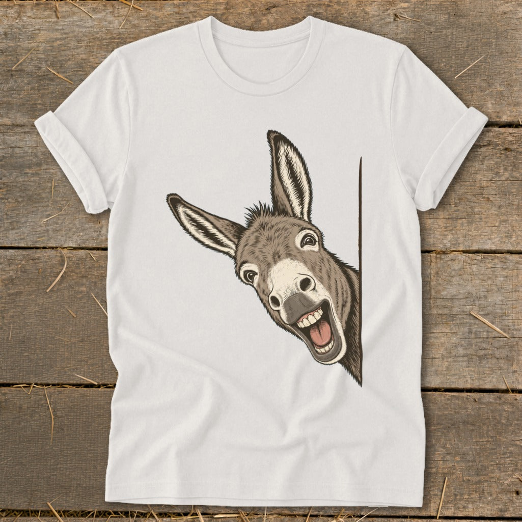White t-shirt with a drawing of a donkey peeking from behind a corner.