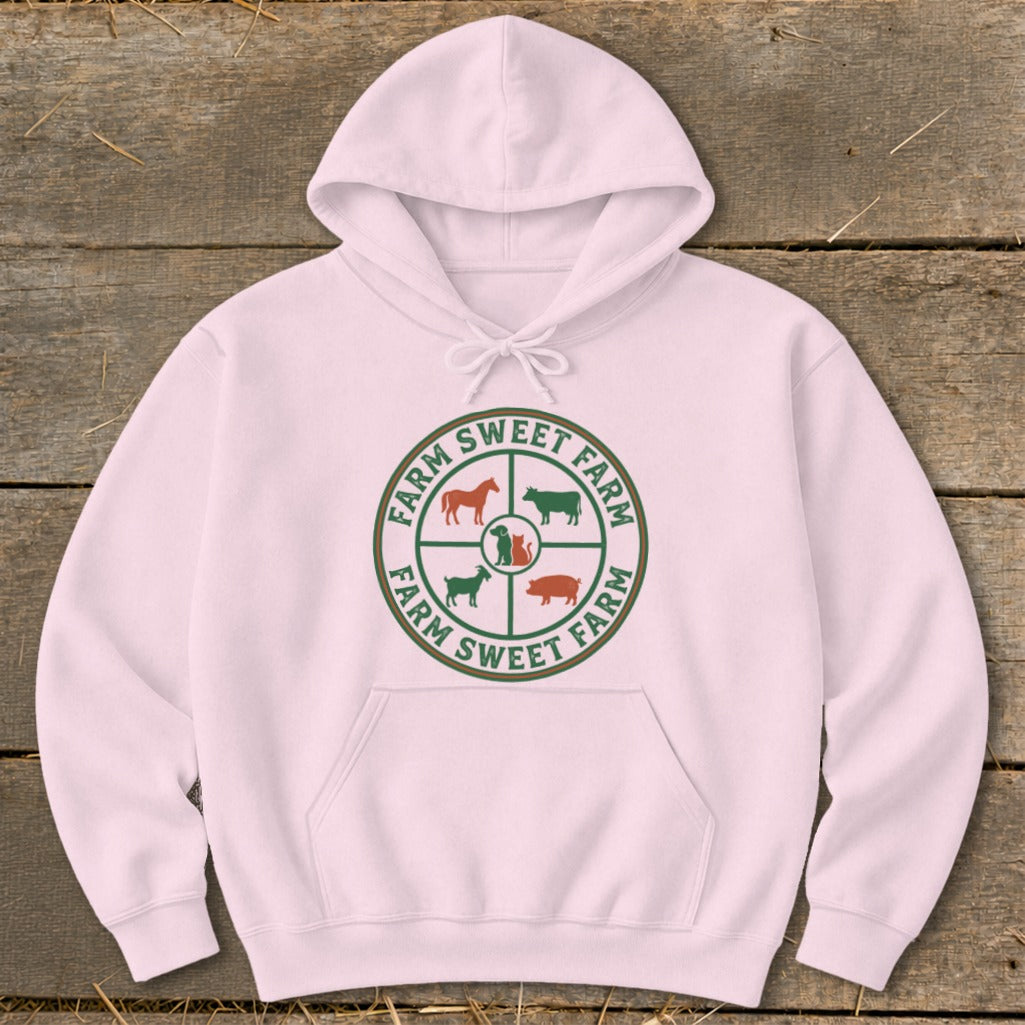 Pink hoodie with a circular farm logo featuring farm animals and text.