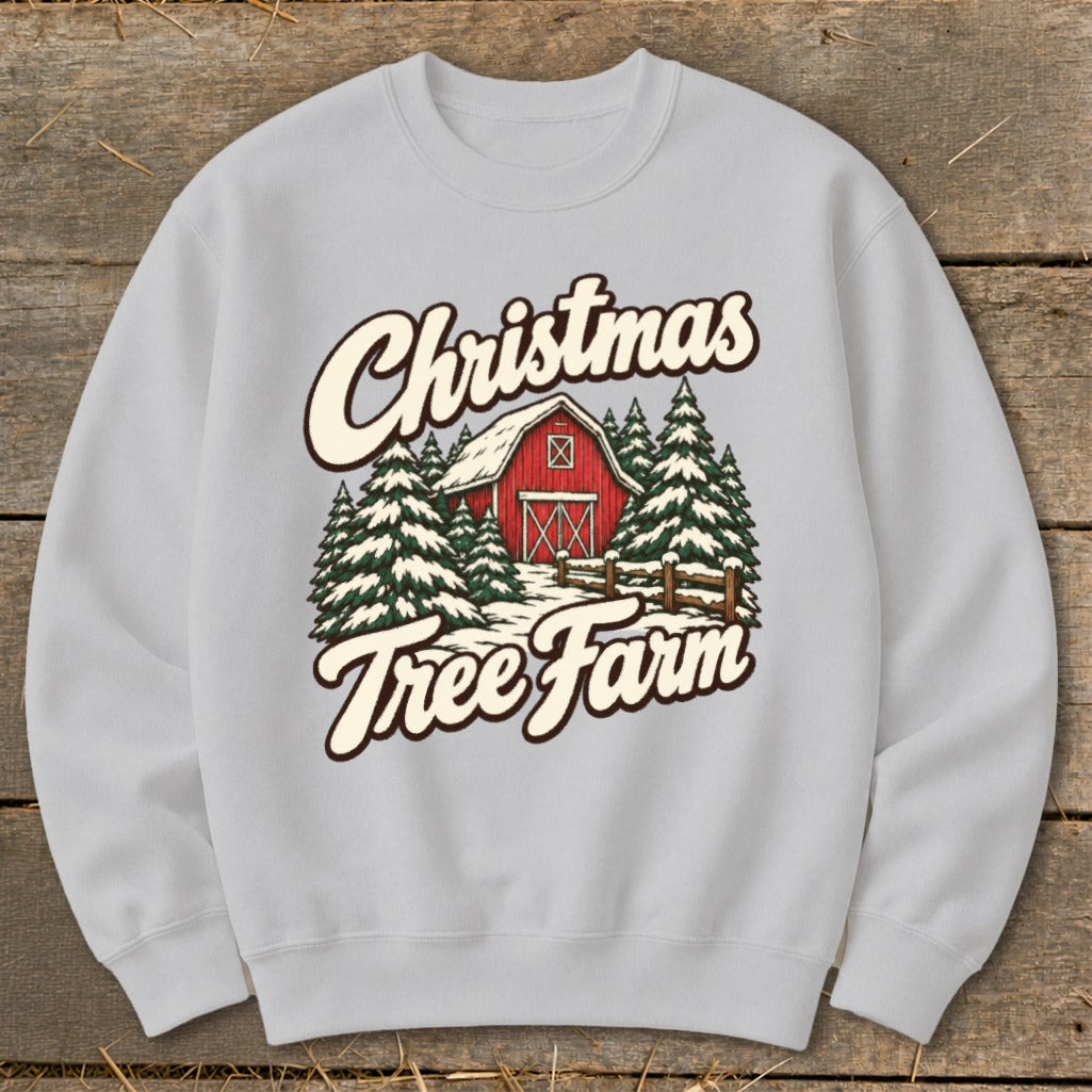 Light gray sweatshirt with a vintage Christmas Tree Farm graphic.