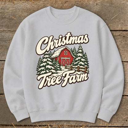 Light gray sweatshirt with a vintage Christmas Tree Farm graphic.