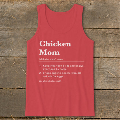 Red tank top with "Chicken Mom" definition printed in white text.