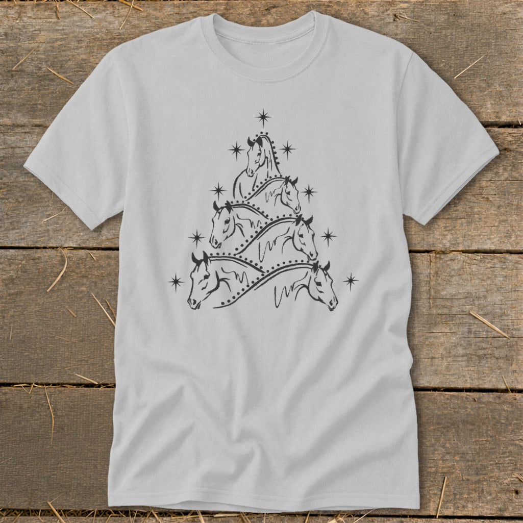 Light grey t-shirt with a black graphic of horses forming a Christmas tree shape.
