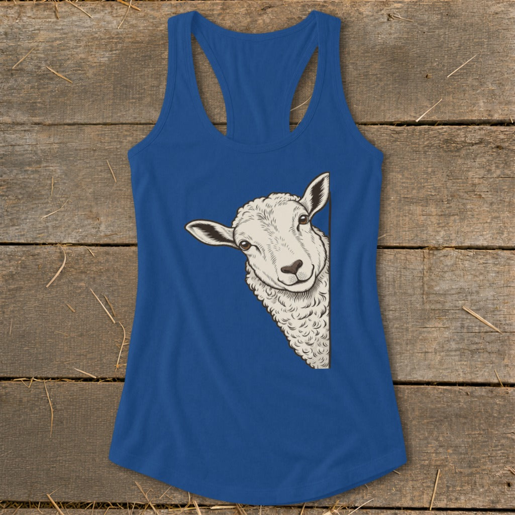 Blue racerback tank top with a peeking sheep graphic on the left side.