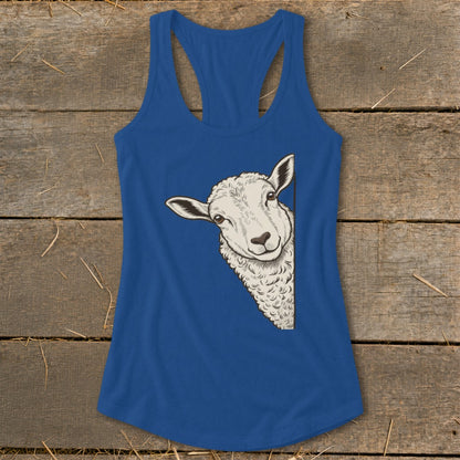 Blue racerback tank top with a peeking sheep graphic on the left side.