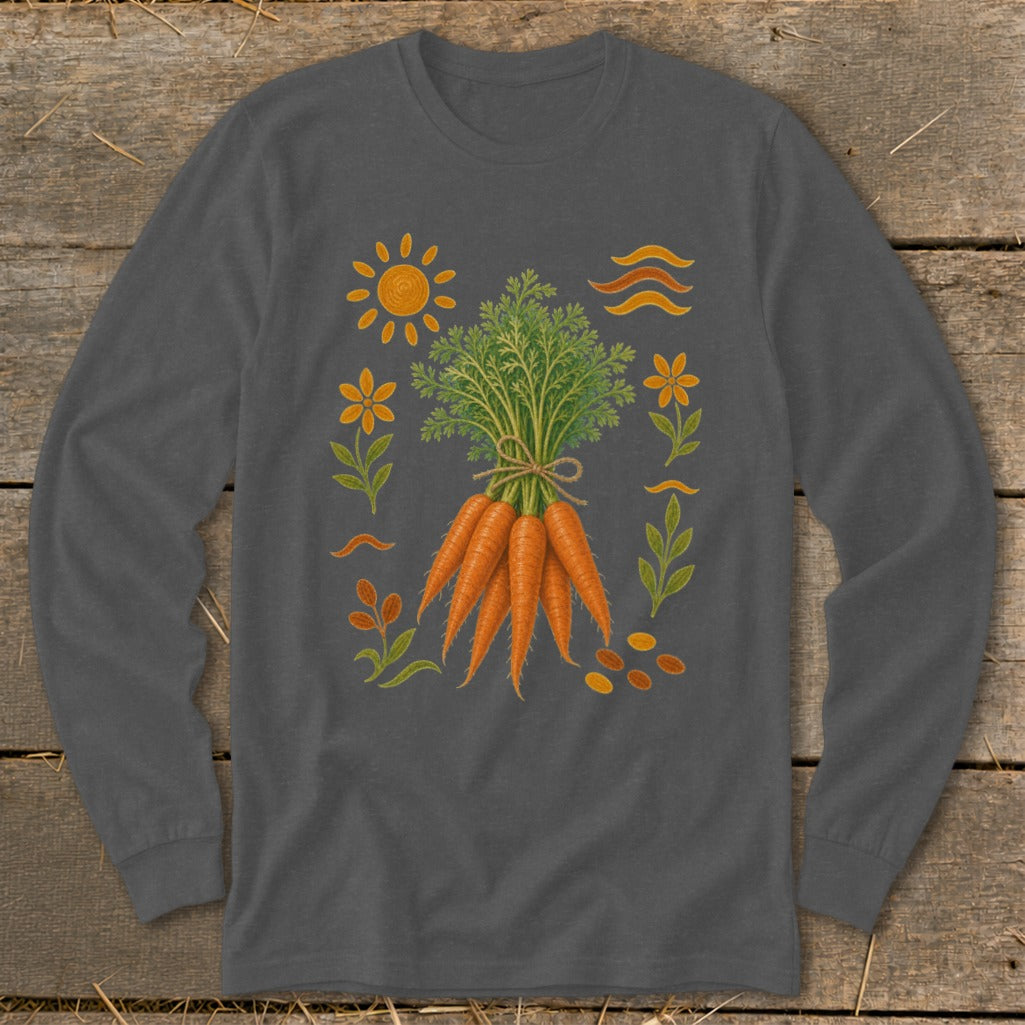 Long sleeve shirt with a bouquet of carrots surrounded by a sun, flowers, and leaves.