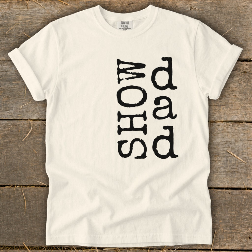 Cream t-shirt with vertical "SHOW" and "dad" text in black.