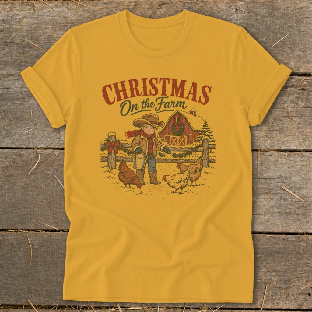 Christmas on the Farm graphic with cowboy child feeding chickens by red barn.