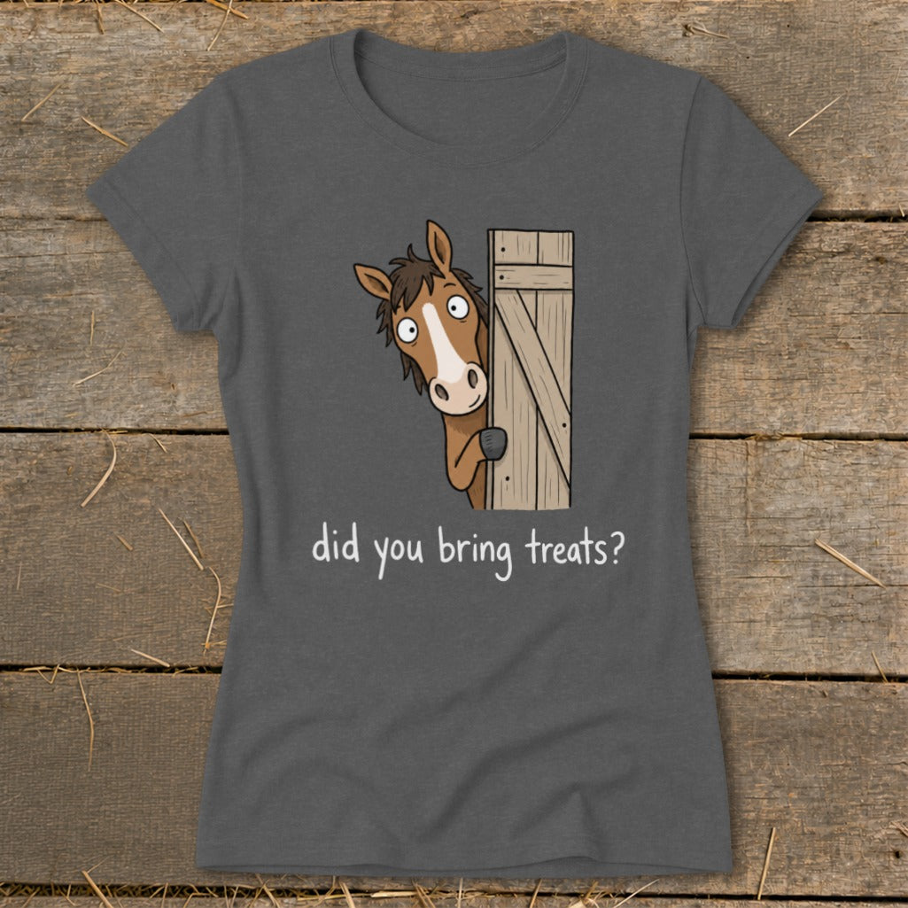 Cartoon horse peeking from behind a wooden door, text reads "did you bring treats?".