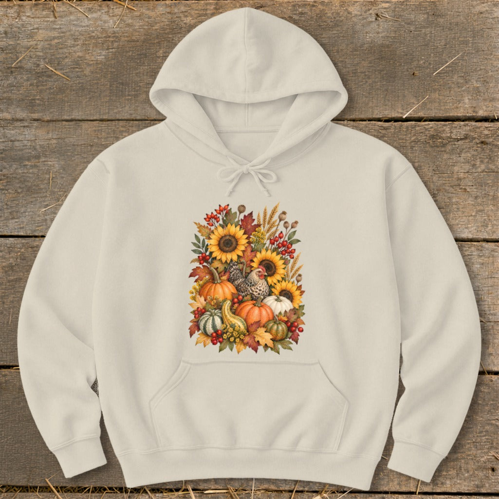 Cream hoodie with a fall harvest design featuring pumpkins, sunflowers, chickens, and berries.