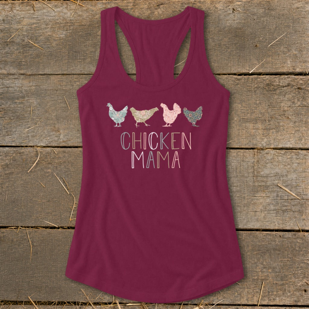 Burgundy tank top with four decorative chickens and "CHICKEN MAMA" text.