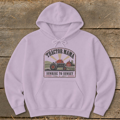 Purple hoodie with "Tractor Mama Sunrise to Sunset" graphic featuring a tractor and barn.