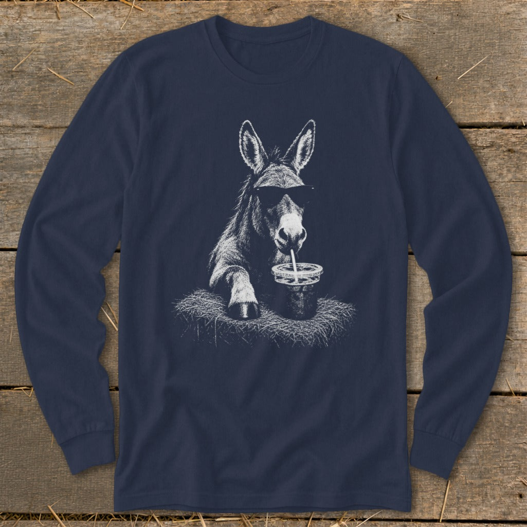 Navy long sleeve shirt with a white graphic of a donkey wearing sunglasses and drinking from a cup.