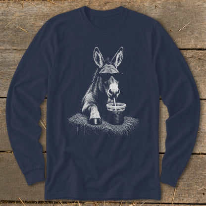 Navy long sleeve shirt with a white graphic of a donkey wearing sunglasses and drinking from a cup.