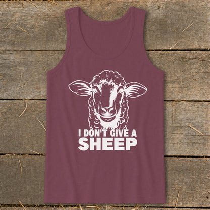 Maroon tank top with white graphic of a sheep's head and text "I DON'T GIVE A SHEEP".