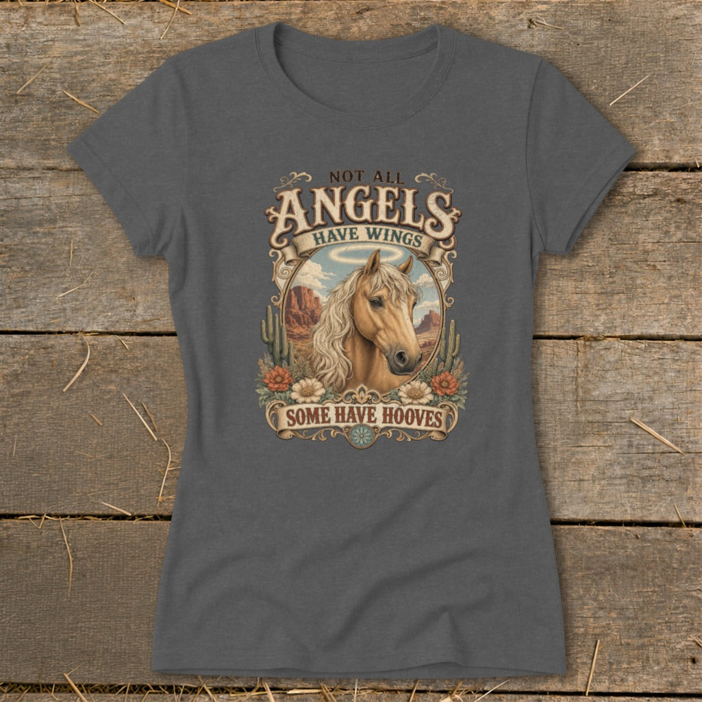 Horse portrait with "Not All Angels Have Wings, Some Have Hooves" text on dark grey t-shirt.