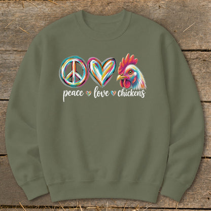 Green sweatshirt with peace, love, chicken graphic and text.