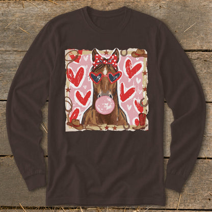 Horse with bandana, heart sunglasses, and bubblegum in front of pink hearts.