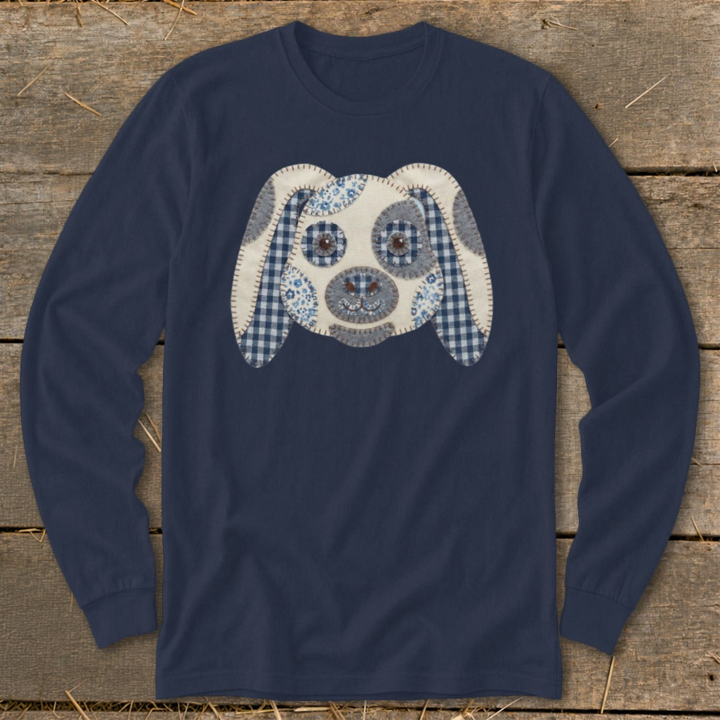 Navy long-sleeve shirt with a blue and white patchwork dog face applique.