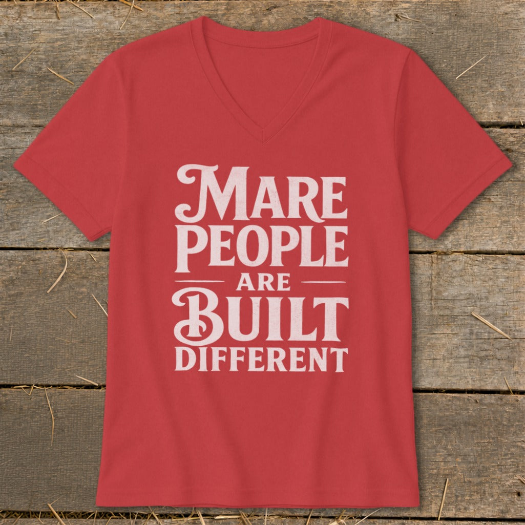 Red v-neck t-shirt with white text "Mare People Are Built Different".