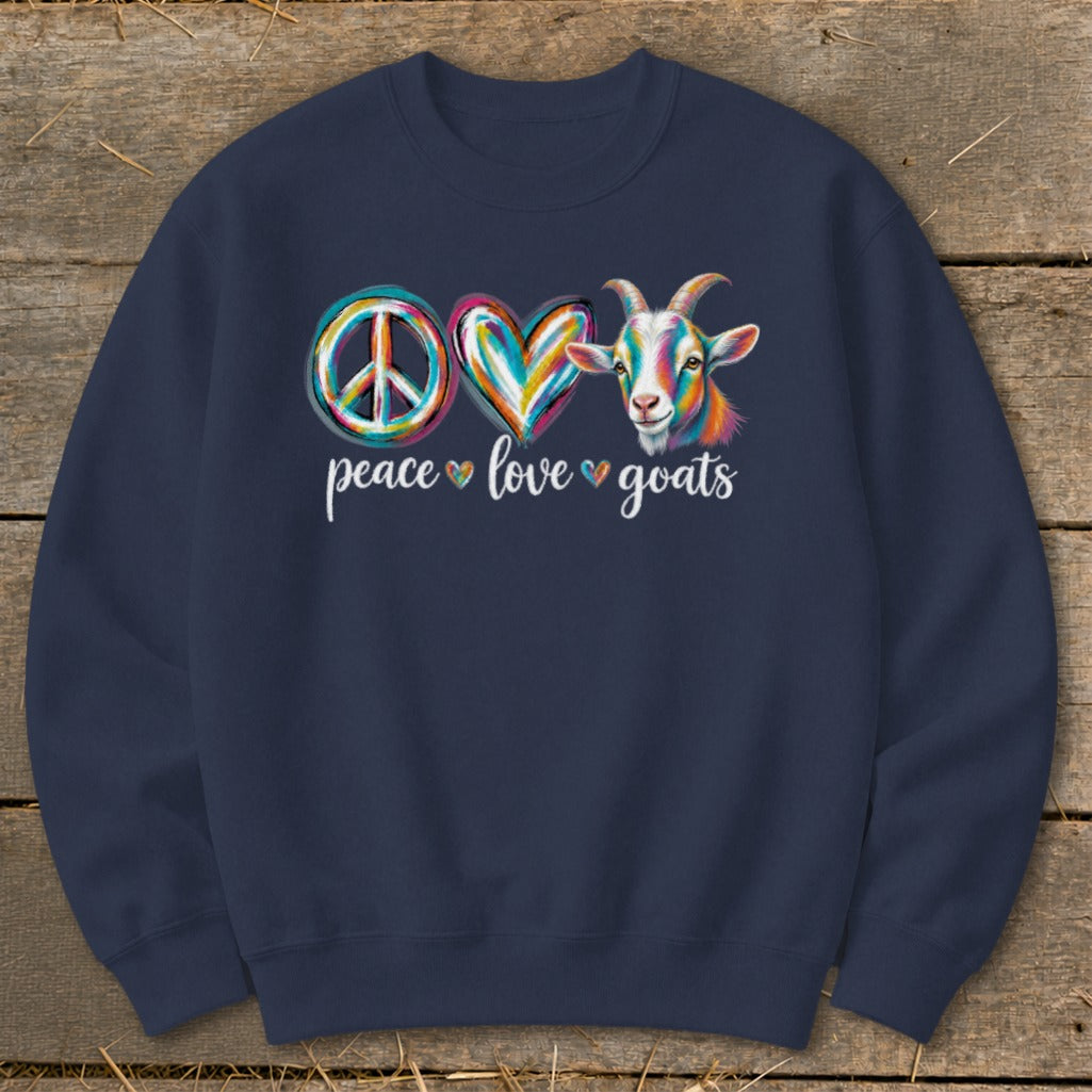 Navy sweatshirt with peace sign, heart, and goat graphic reading "peace love goats."