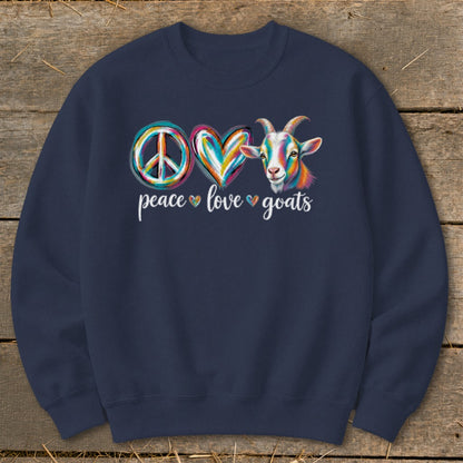 Navy sweatshirt with peace sign, heart, and goat graphic reading "peace love goats."