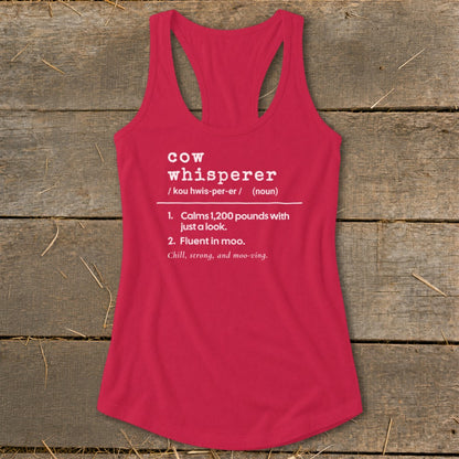 Women's red tank top with "cow whisperer" definition text.
