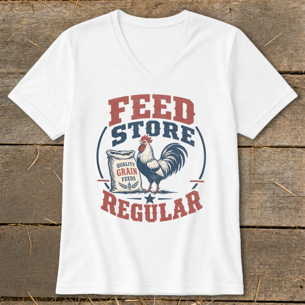 White t-shirt with "FEED STORE REGULAR" text and a rooster next to a bag of grain.