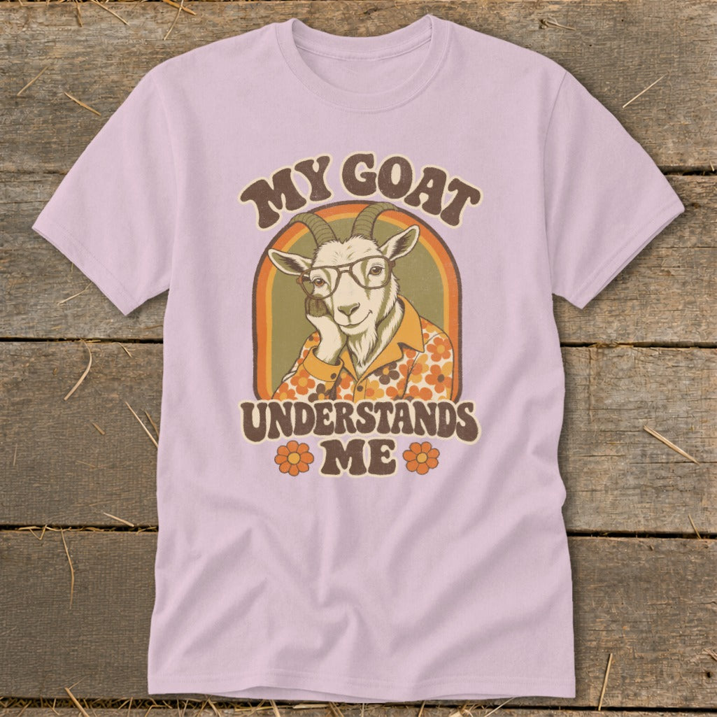 Pink t-shirt with graphic of a goat wearing glasses and shirt, text "MY GOAT UNDERSTANDS ME".