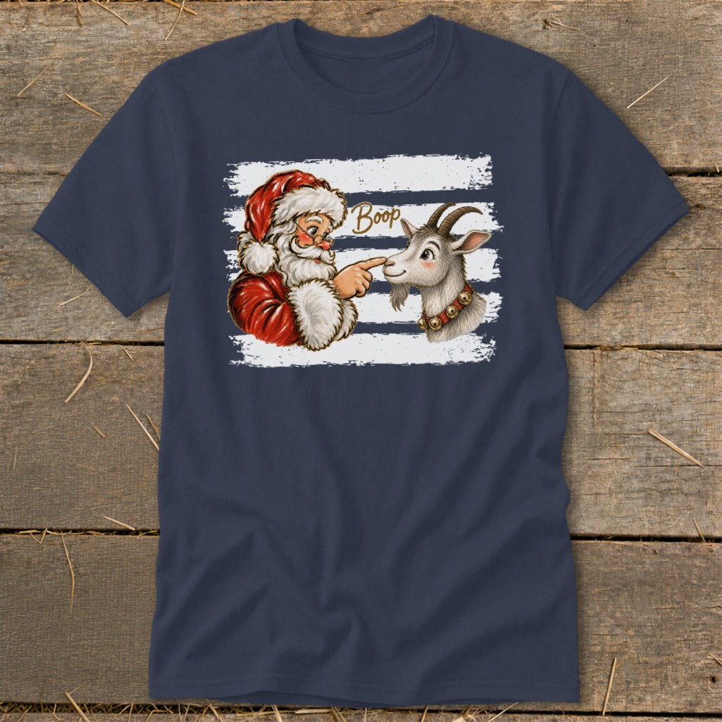 Santa touching a goat's nose with "Boop" written above.