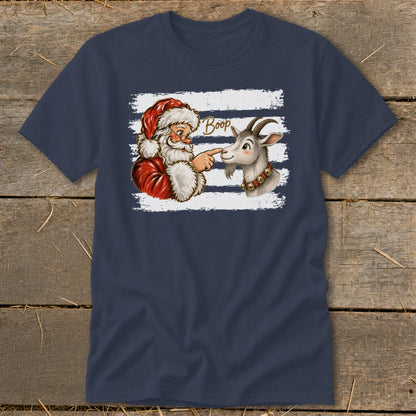 Santa touching a goat's nose with "Boop" written above.