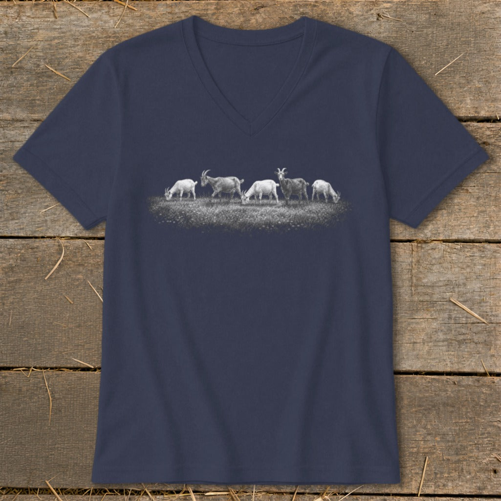 Navy v-neck t-shirt with a graphic of five goats grazing in a grassy field.