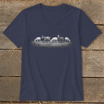 Navy v-neck t-shirt with a graphic of five goats grazing in a grassy field.