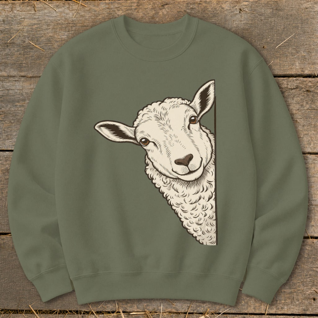 Green sweatshirt with a drawing of a sheep peeking from the right side.