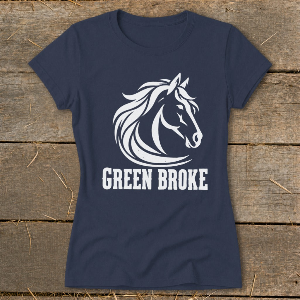 Navy blue t-shirt featuring a white horse head graphic above the text GREEN BROKE.