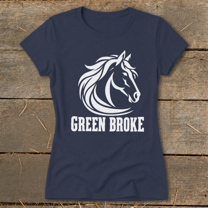 Navy blue t-shirt featuring a white horse head graphic above the text GREEN BROKE.