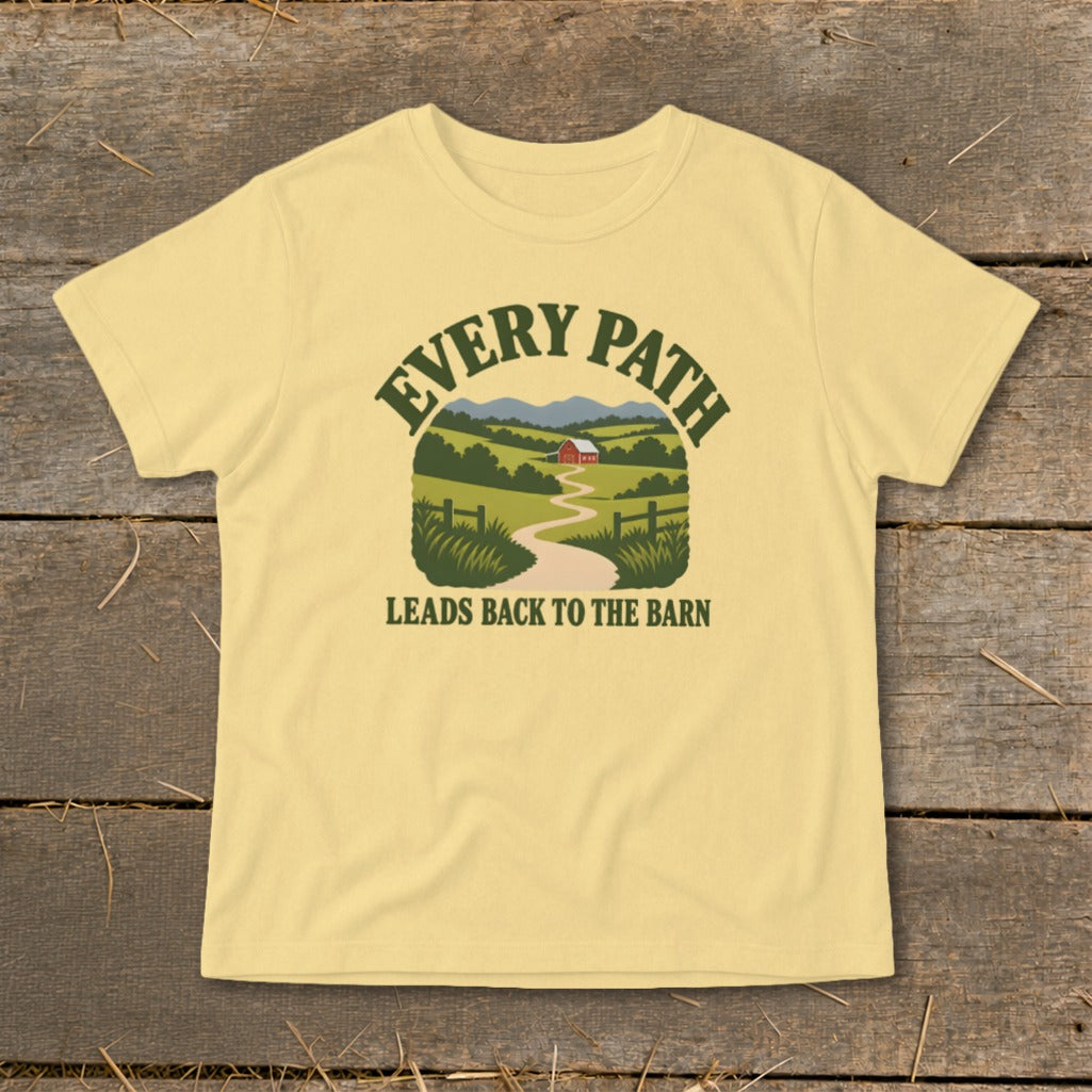 Light yellow t-shirt with "Every Path Leads Back to the Barn" text and farm scene.