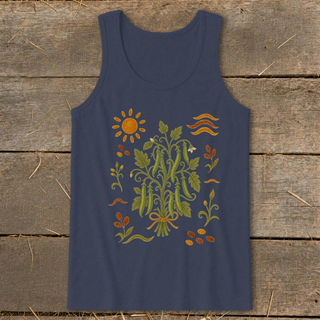 Navy tank top with a botanical illustration of pea pods, sun, and leaves.