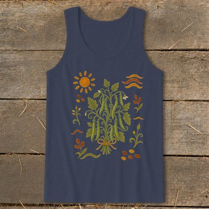 Navy tank top with a botanical illustration of pea pods, sun, and leaves.