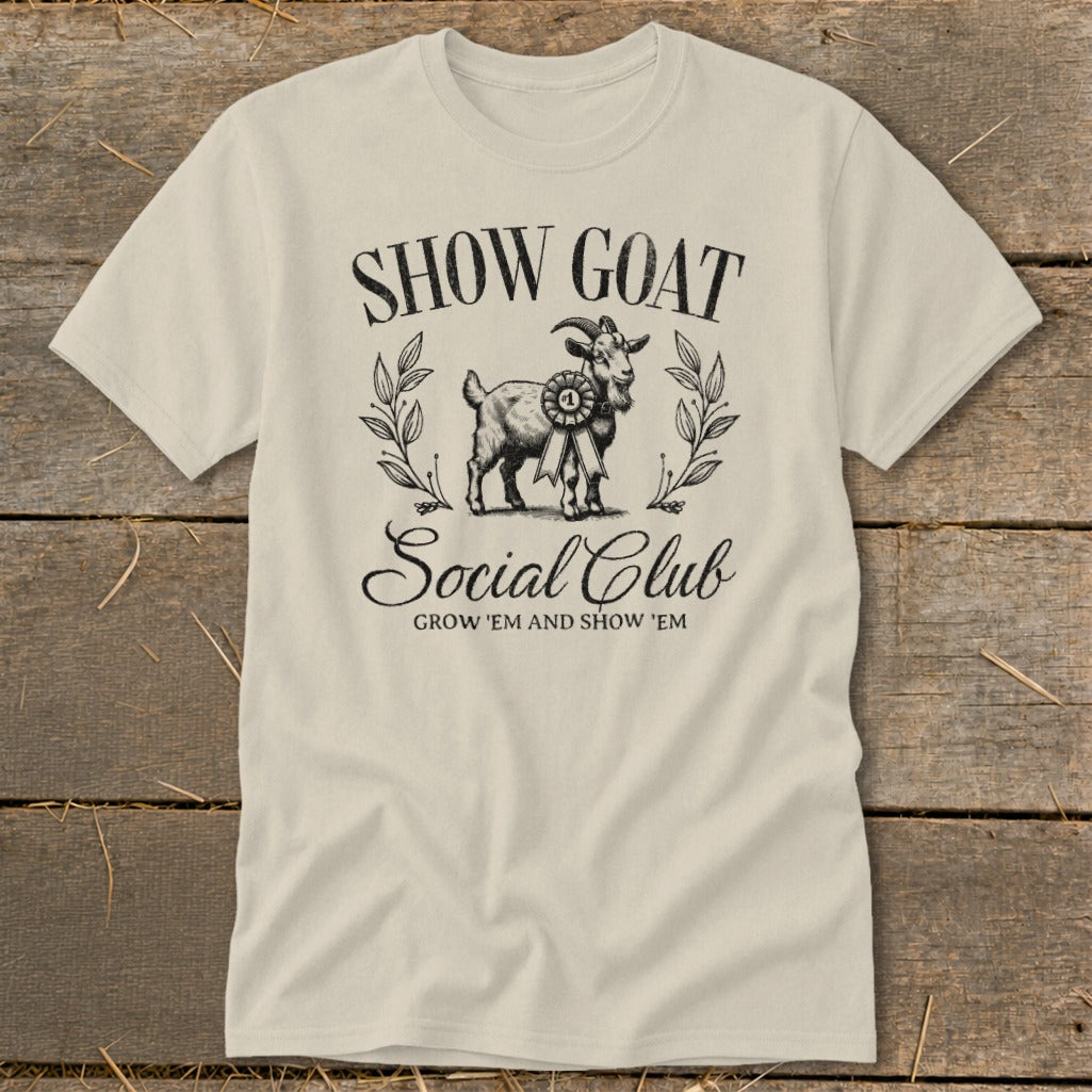 Show Goat Social Club shirt with a goat and ribbon graphic.