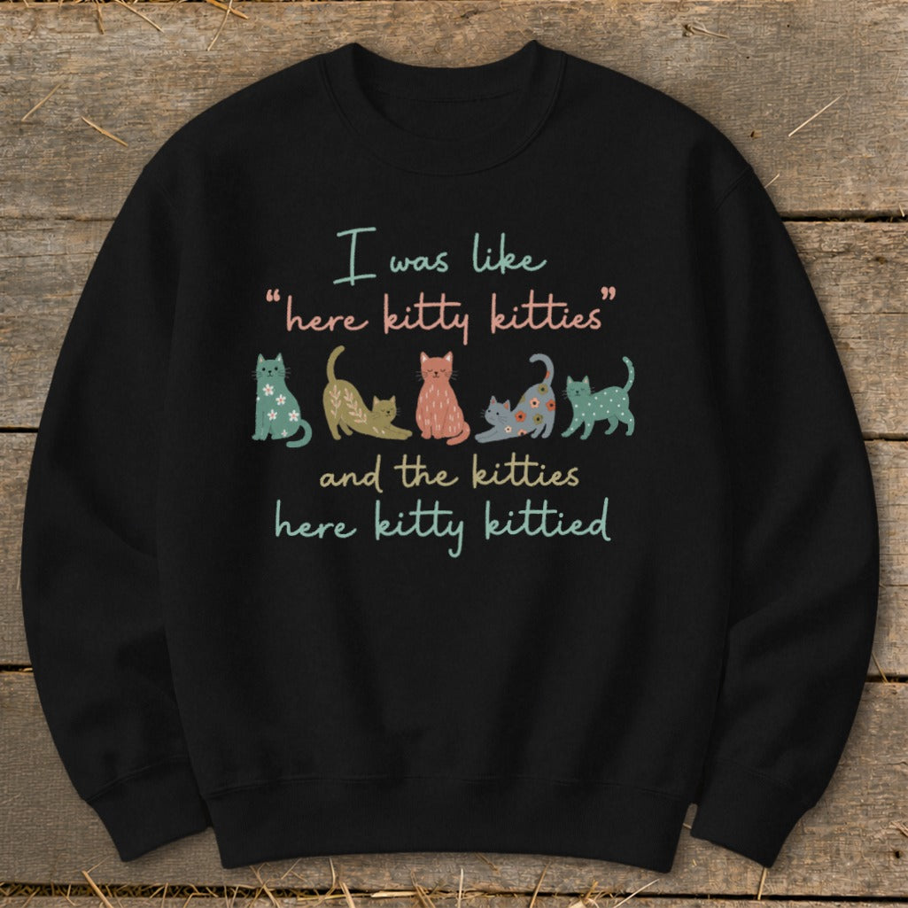 Black sweatshirt with "I was like 'here kitty kitties' and the kitties here kitty kittied" and colorful cats.