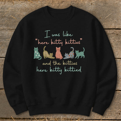 Black sweatshirt with "I was like 'here kitty kitties' and the kitties here kitty kittied" and colorful cats.
