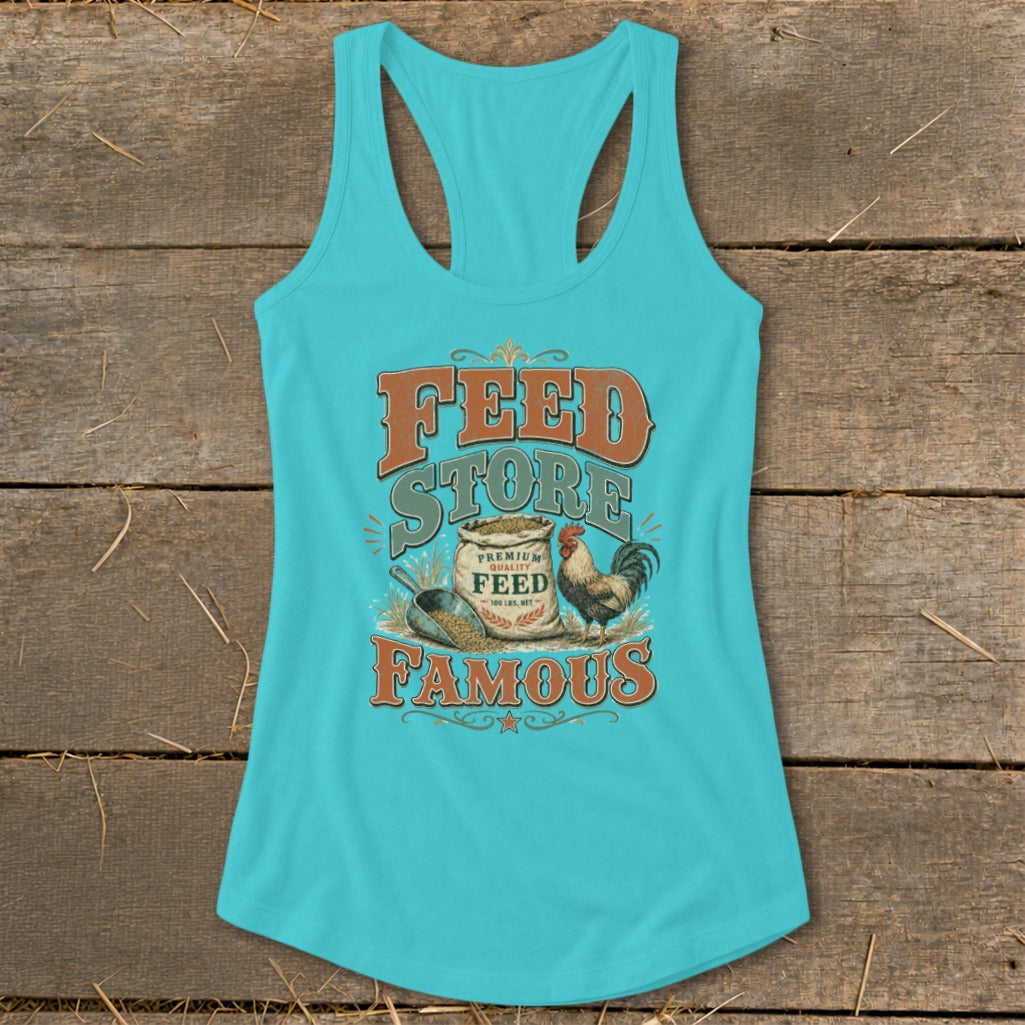Turquoise tank top with "Feed Store Famous" design featuring a rooster and bag of feed.