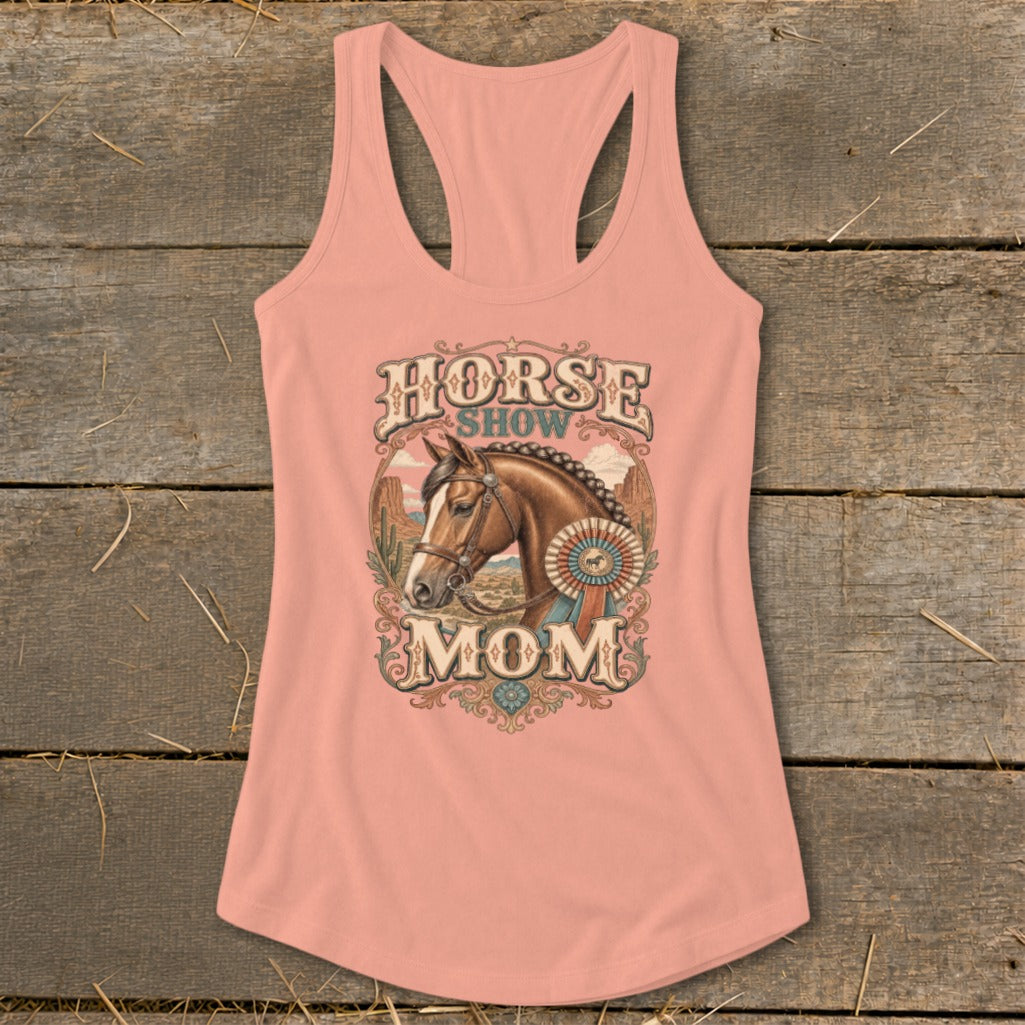 Horse Show Mom graphic on a peach racerback tank top with a horse and rosette.